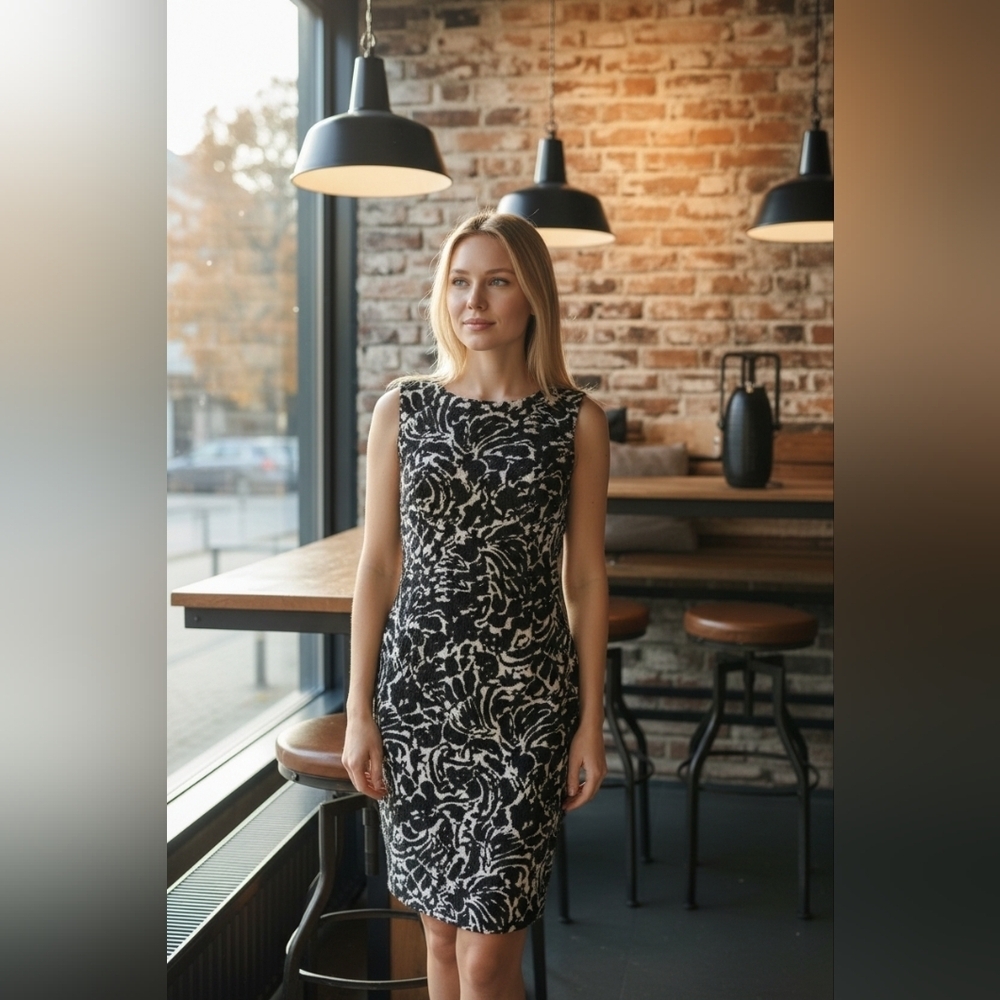 Jones New York Black and White Coctail Dress with Black/ Gold Stones
